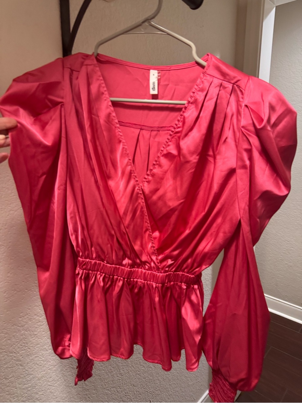 glam Deep Pink Satin Surplice Blouse with Puff Sleeves